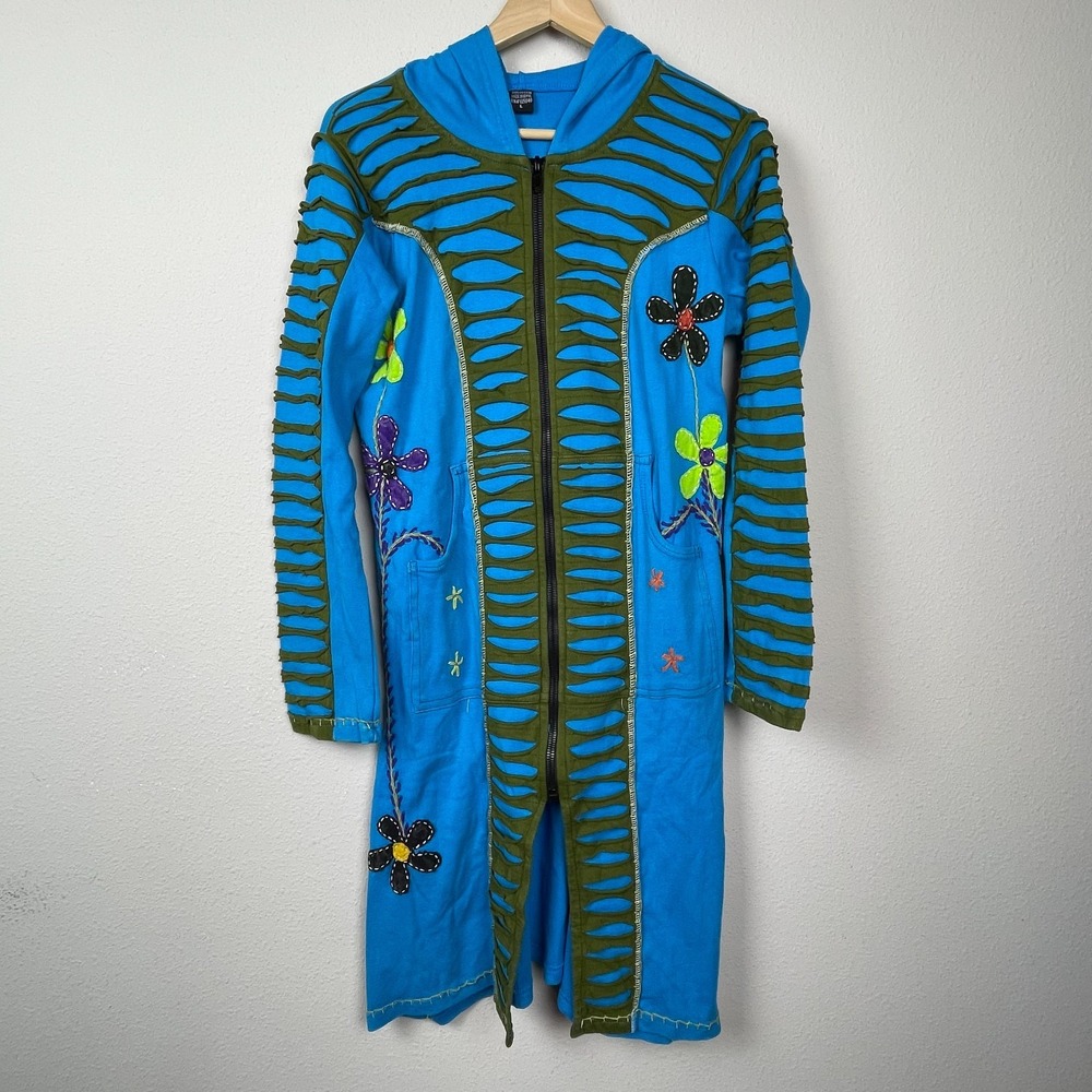 Nepal Boho Turquoise Longline Zip Hoodie Jacket Floral 3D Applique Cotton L